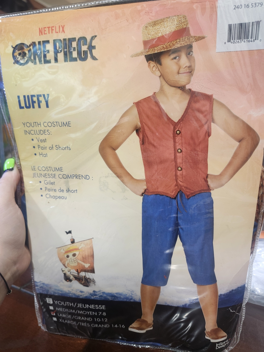 Netflix One Piece Luffy Kids Costume  Red Vest, Blue Shorts, Straw Hat  Lg 10-12